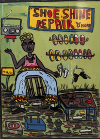 acrylic on glass window of an African figure in a shoe shine repair store