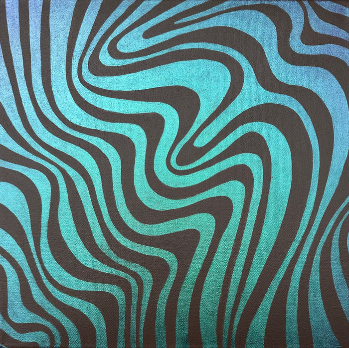 abstract painting with wavy lines in turquoise and grey