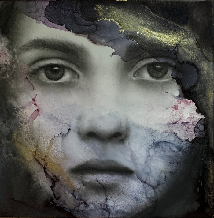 portrait of a young child with a distant look on their face; the edges of the face and surface appear to be dissolving